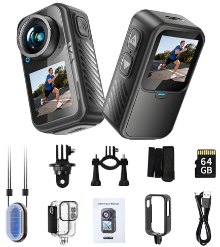 NUISK Mini Action Camera with Dual Screen | 4K Sports Camera, Magnetic Mount, 130° Wide Angle, Waterproof Case, Dual Touchscreen, Pre-Record, 64GB Memory Card Travel, Skiing, Outdoor Adventures