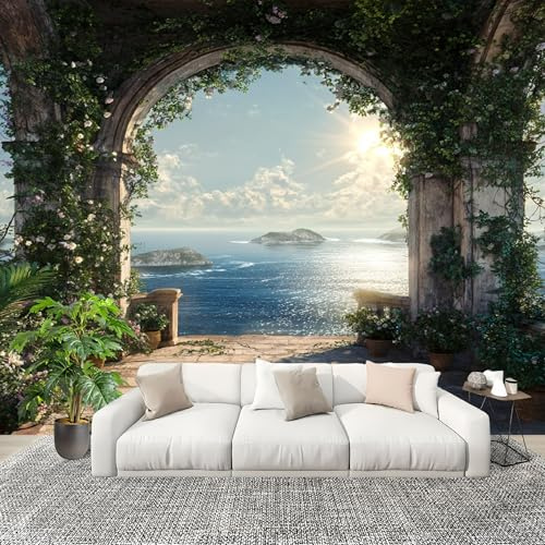 Fotomurales Papel pintado 200x140 cm Vista Desde La Ventana A La Playa Papel Pintado Fotográfico Panoramico Decorativos Dormitorio sala azul Murales Papel Tapiz Antimoho Removibles, Grandes