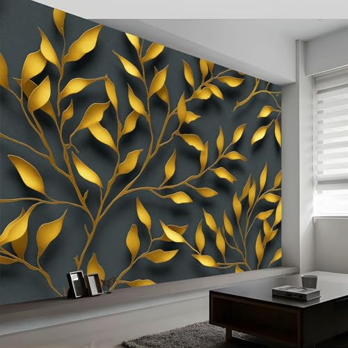 Papel pintado panorámico plantas hojas doradas ramas de olivo, papel pintado arte abstracto para dormitorio salón comedor - Decoración mural moderna fondo fotográfico artístico 200An x 140Al cm