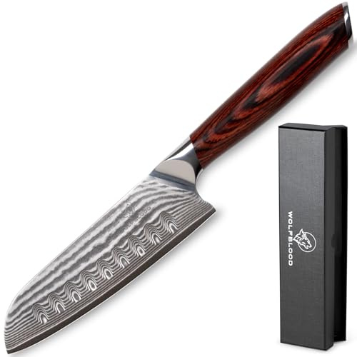 Wolfblood Damastmesser L 24cm Santokumesser aus echtem 67 Lagen Damaststahl | 62±2 HRC TÜV-geprüfter, optimierter VG-10 Stahl | Damast Küchenmesser 24 cm mit 13 cm Klinge, Klingenschutz & Geschenkbox