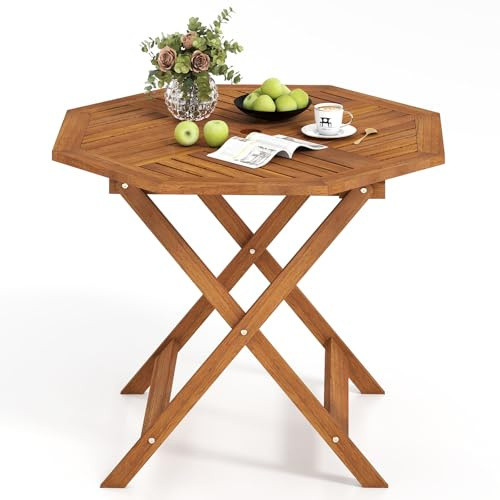 COSTWAY Table de Jardin Octogonale en Bois Massif, Table d’Appoint Extérieure Ø 90CM en Cadre X avec Trou pour Parapluie et Plateau à Lattes Spacieux, pour Balcon Patio Salle à Manger
