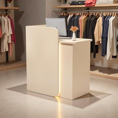 Modernt receptionsskrivbord med böjd integritetspanel, LED-ljusremsa och låsbara lådor - kompakt reception för salong, kontor, butik - 6 färgalternativ tillgängliga