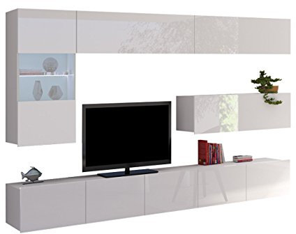 Moderne Wohnwand Calabrini IV, Anbauwand, Mediawand, TV Lowboard, Hängevitrine, Wandregal, Wohnzimmerschrank, Fernsehschrank (ohne Beleuchtung, Weiß/Weiß Hochglanz)