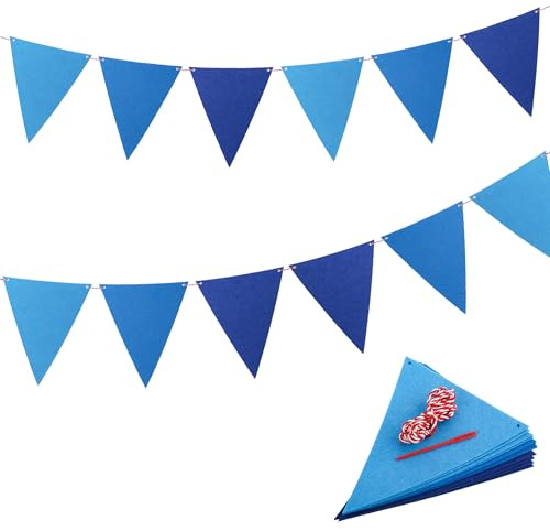Blue Felt Pennant Banner, 12 Flags Triangle Bunting Garland, 8.2ft Reusable Fabric Streamers for Baby Shower, Birthday Party, Classroom, Nursery Decor, Navy Sky Light Ombre Gradient