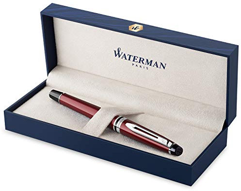 Waterman Expert Fountain Pen, Dark Red with Chrome Trim, Fine Nib with Blue Ink Cartridge, Gift Box