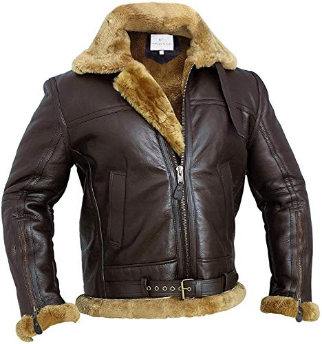 MARCO ENZOLANI RAF Bomber Ginger Men B3 Bomber Jacket Aviator Real Shearling bomber Sheepskin Leather Jacket (Brown, l)