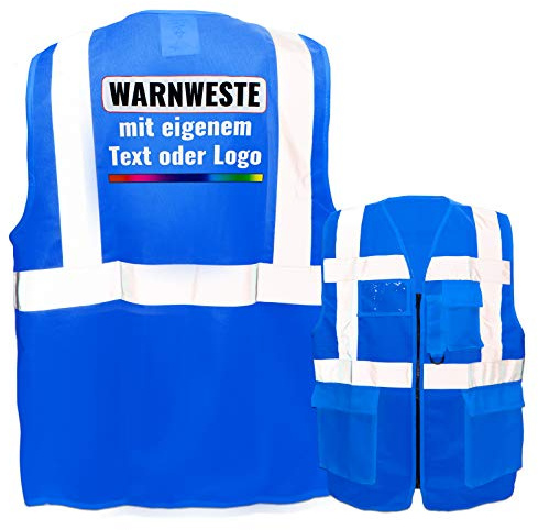 Warnweste mit Reißverschluss und Taschen * Druck auf Rücken/Premium-Druck * Farbe & Größe: Blau/Größe XL * Aufdruck selbst gestalten * Bedruckt mit Design Foto Text Logo