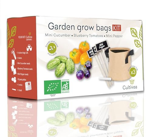 CULTIVEA® - Kit Borse da coltivazione - Pronti a crescere - 100% Semi Ecologici e Biologici - Orto (Cetriolo, Pomodoro, Peperoncino) - Idea regalo
