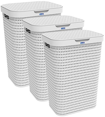Rotho Country Wäschekorb 3er-Set 55 L Wäschesammler mit Deckel Anthrazit | Wäschekorb mit Deckel, Laundry Basket im 3er-Set, komplett zu öffnender Deckel, praktische Rattan-Optik, angenehm zu tragen