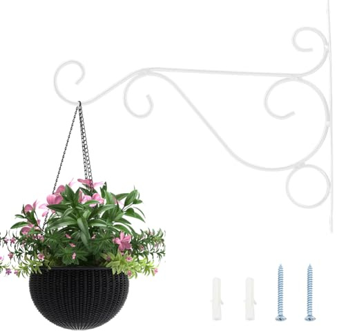 Jenngaoo Iron Wall Hook Plant Hanger Bracket for Bird Feeders, Lanterns & Planters Indoor Outdoor - Rustic Garden Decoration with Curved Tip Design (White, 10x8.3 Inch)