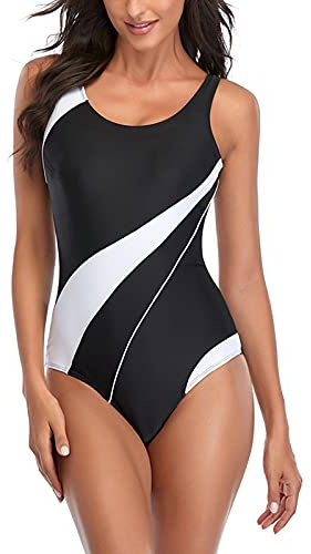 SEDEX Badeanzug Damen Bauchweg Push up Rückenfrei Shape Sport Badeanzüge Bademode Sportbadeanzug Badekleid Monokini Einteiler Hydrasuit Bedruckter Schwimmanzug Meer für Teenager Frauen, Schwarz M.