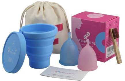 Femplete Menstrual Cups Set of 2 Large Period Cups with Menstrual Cup Steriliser Bamboo Brush Medical Grade Silicone Period Cup Feminine Hygiene & Safe Alternative to Tampons & Sanitary Pads