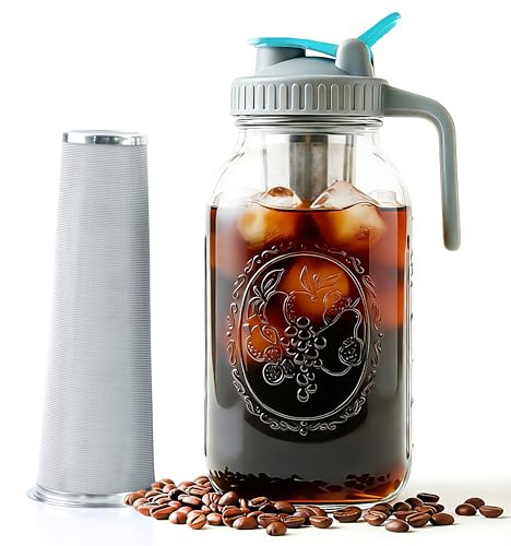 Mason Jar Cold Brew Kaffeemaschine, 1,8 l, breite Öffnung, kaltgebrühter Krug mit Brühfilter für Kaffee, Eistee, Sonnentee, Limonade