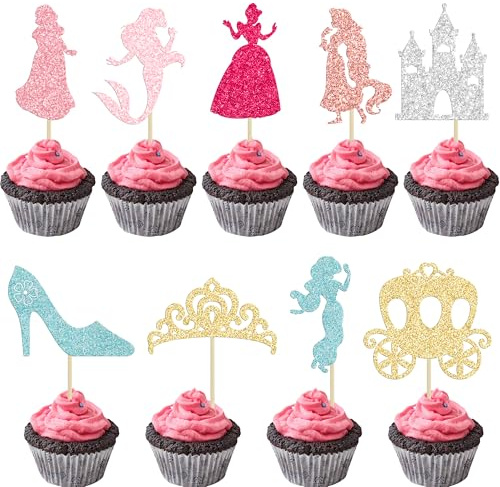 Gyufise 36Pcs Princess Cupcake Toppers Colorful Glitter Mermaid Girl Castle Carriage High Heel Crown Cupcake Picks Princess Theme Baby Shower Girls Birthday Party Cake Decorations Supplies