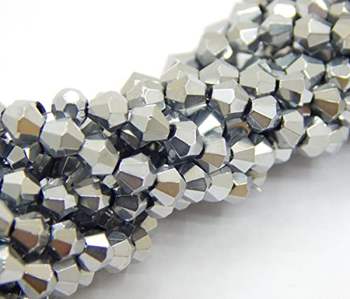 Perlin Lot de 90 perles tchèques en cristal de Bohême, 4 mm, double cône, en verre taillé, perles bicone (argent métallisé)