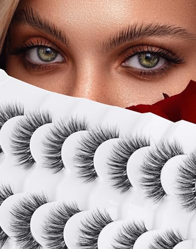 Jiocolor Natural Looking Short False Eyelashes Wispy Lashes Natural Look 14mm 3D Faux Mink Lashes 7 Pairs Fluffy Fake Eyelashes Pack 14MM