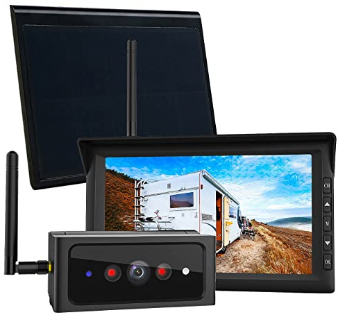 Lescars Rückfahrkamera Akku: 2in1-Solar-Funk-Rückfahrkamera- & Überwachungs-Set, Full HD 7-Monitor (Funk Video Rückfahrsystem, Solar kabellos, Kfz)