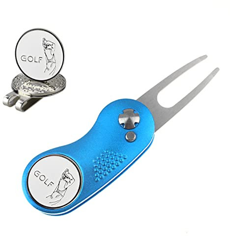 Kofull Golf Pitchgabel +2 Ball Marker+ 1 hat Clip Reparatur Pitchgabel Switchblade Golf Grün Reparatur Gabel tragbar und klappbar Pitch - 1 Stück Blau