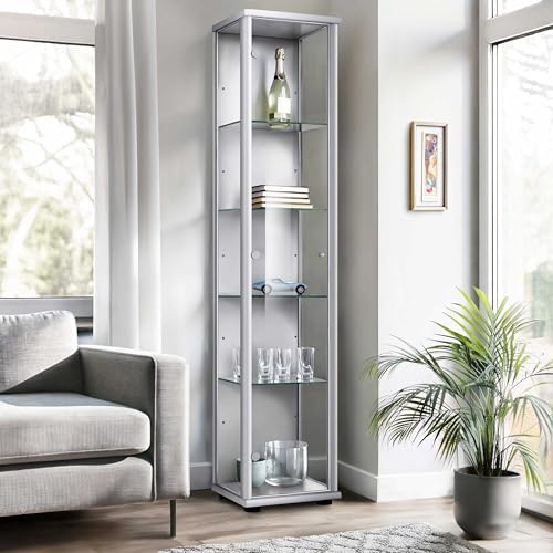 K-Möbel Glasvitrine Stehend (176x37x33cm) - Made in Germany - Vitrinenschrank Silber/Alu mit 4 höhenverstellbaren Glasböden - Vitrine Glas stehend - Glasschrank - Display Cabinet