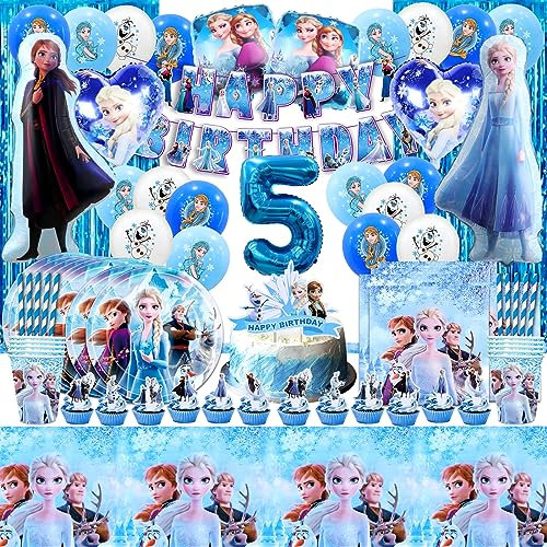 106 Pcs Froze Geburtstagsdeko 5 Jahre, Elsa Geburtstagsparty Ballon 5, Froze Partygeschirr Set, Froz Luftballon Elsa, Cake Decoration 5, Pappteller Und Becher Tischdeko Geburtstag