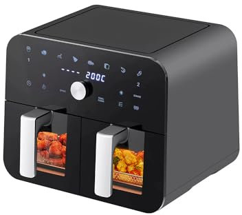 Maxesla Dual Zone Friggitrice ad Aria 10L, 2400W Friggitrice Digitale con 2 5L Cestelli Antiaderenti, 8 Funzioni, Display Touch e Manopole Rotanti