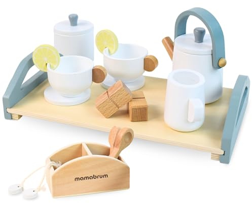 Mamabrum Holz Teeset für Kinder, 17-teiliges Teeservice mit Tablett - Spielzeug Set mit Teekanne, Tassen, Zuckerdose & Milchkännchen - Rollenspiel ab 3 Jahre