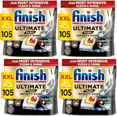 Finish Dishwasher Tablet, Ultimate Plus Infinity Shine, 420 Tabs (105 x 4pck), Lemon Sparkle, Tough on Grease, Our Most Intensive Clean & Shine, Effective for Short Eco Cycle