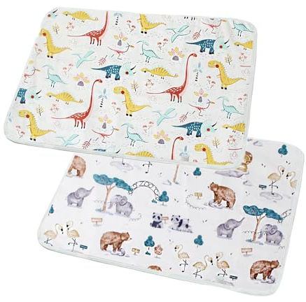 2 Pack Baby Diaper Changing Pad, Travel Waterproof Change Mat 50x70cm | Large Waterproof Washable Babies Diaper Changing Mattress, Newborn Portable Foldable Changing Pad (Dinosaurs+Animals Park)