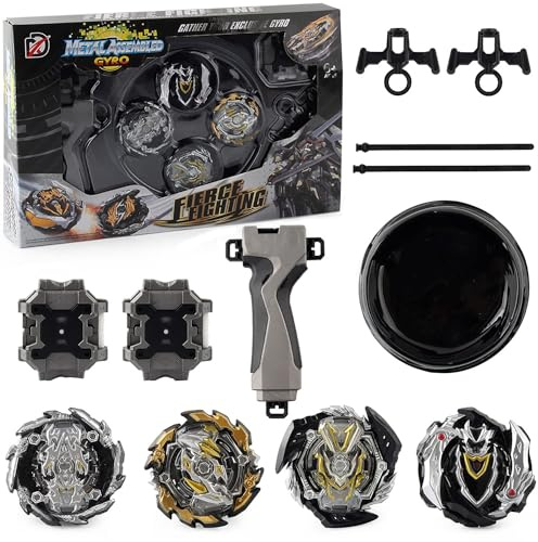 Kampfkreisel Set, 4 Stück Battle Spinner Burst,Gyro Burst Starter Set,3D Fusion Modell Metall Masters Beschleunigungslauncher Speed Kreisel mit Basis-Arena für Kindertag, Ostern, Geburtstag