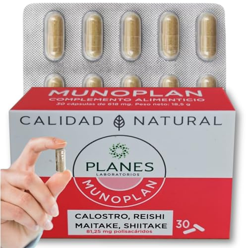 Munoplan Laboratorios Planes Suplemento alimenticio multivitaminico Cápsulas vegetales Natural a base de calostro bovino Lecitinas Acidos nucleicos Vitamina D Proteinas Reishi Maitake