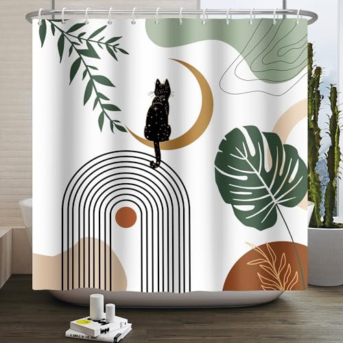 Duschvorhang Mondgrüne Katze Duschvorhang Stoff Polyester Badevorhang Shower Curtains Antischimmel Duschvorhang Wasserdicht mit 12 Duschvorhangringen Duschvorhang 200x200 Duschvorhänge