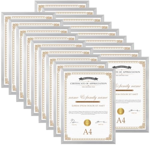 EYMPEU Bilderrahmen A4(21 x 29,7 cm) 18er-Set, für Wand und Tisch, geeignet für den Einsatz in Büros und Wohnungen, Silber