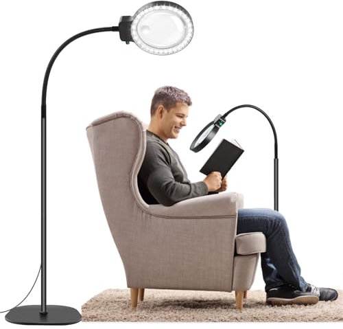 NZQXJXZ 5X 10X Lupe mit Licht und Ständer, 2-in-1 Vergrößerungslampe mit 36 Einstellbaren Helligkeits-LEDs, Flexible Schwanenhals Boden Stehend Lupenlampe für Enge Arbeit, Handwerk, Lesen