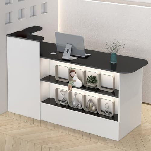 Moderner Empfangstresen mit Theke und offenen Regalen, Rezeptionstheke mit Einzelhandelskasse, ideal für Lobbys, Salons, Einzelhandel, Heimbüros und Empfangsräume, Schwarz, 120 x 50 x 100 cm