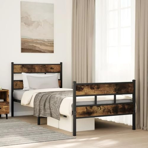 vidaXL Metallbett, Bett ohne Matratze, Bettgestell mit Lattenrost Kopfteil Fußteil, Einzelbett für Schlafzimmer, Räuchereiche 107x203cm