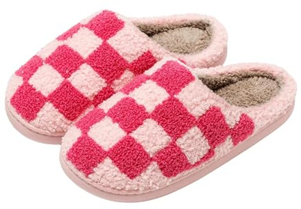 YUECIBAI Hausschuhe Pantoffeln Damen Herren Retro Karierte Plüsch Hausschuhe Für Frauen Fuzzy Checker Gemütlicher Indoor-Komfort Flauschiges Atmungsaktives Kissen Rutschen Weiche Schuhe 39-40 Pink
