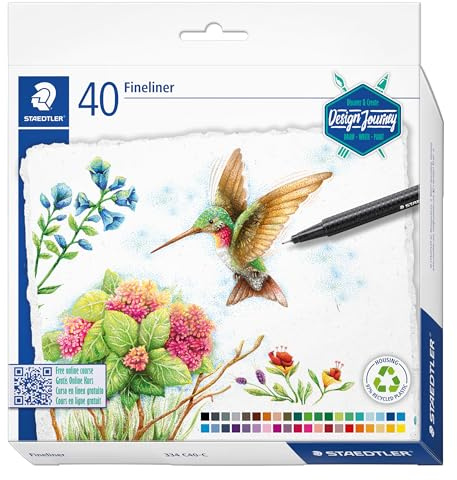 STAEDTLER Fineliner-pennor – designresa – för vuxenfärgning – 40 blandade färger – paket med 40, 334 C40-C