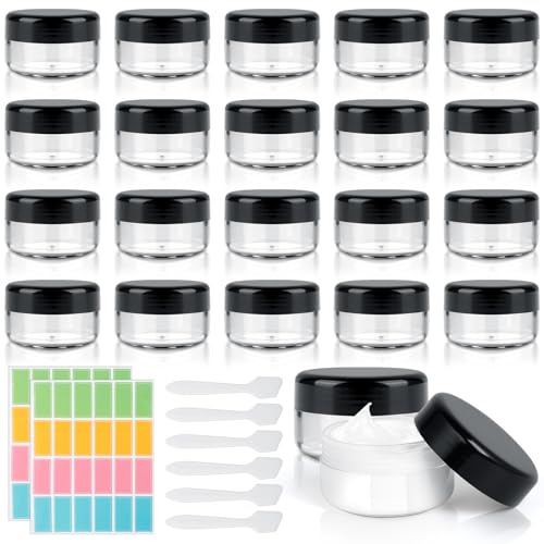 AiQInu 20 Stück Cremedosen zum Befüllen 30ml, Reise Dosen zum Befüllen Transparent, 30ml Plastik Döschen mit 6 Spatel und 48 Etikett, Verwendung Reise Probenbehälter