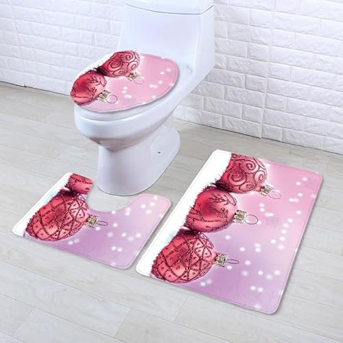 Bad Teppiche Set Rosa Weihnachtskugel Badezimmerteppich Waschbar WC Vorleger mit Ausschnitt und WC Deckelbezug 3 Teilig Badematte rutschfest Toilettensitzbezug Badgarnitur 45x75 cm