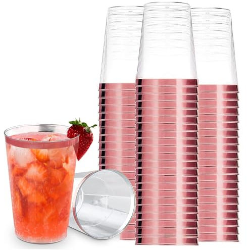 YWKJDDM Rose Gold Rimmed Plastic Cups, 30PCS Crystal Clear Hard with Elegant Rose Gold Rim, 12oz Clear Crystal Plastic Tumblers Cups for Champagne Beer Cocktail Martini Soda Dessert