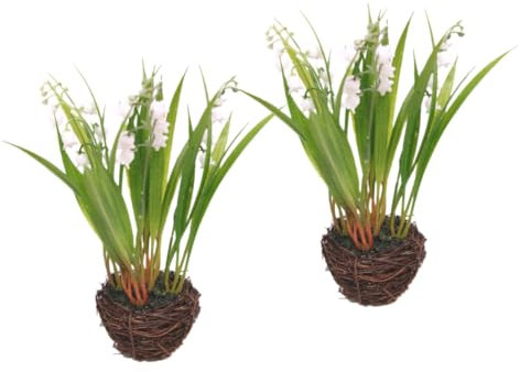 Lot de 2 Clochettes de Muguet Artificielles dans Un Nid - 20 cm - Herbe - Fleurs et Décoration de Printemps et Pâques
