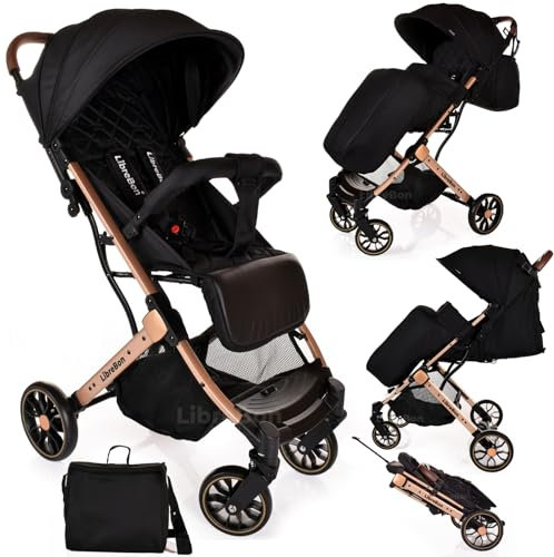 Lightweight Stroller, Baby Pushchair, Compact Travel Buggy, One Hand Foldable, Upgraded Wheels, Four Seasons Stroller, Foot Cover, Mommy Bag, Rain Cover (Black - Rose Gold Frame)