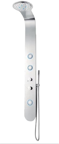 Columna de hidromasaje RUDRA en acero inoxidable pulido, acabado plateado y luz LED. Con 3 jets de masaje, ducha superior y de mano en latón cromado, para una experiencia de baño relajante