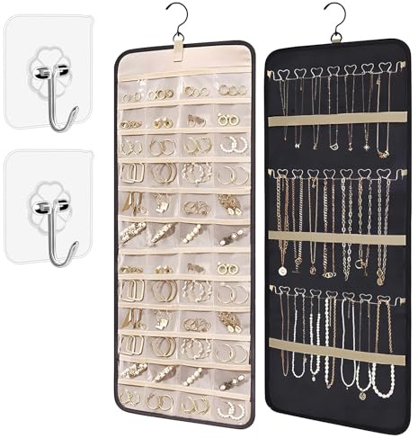 Schmuck Organizer Hängend - Schmuckaufbewahrung Doppelseitige mit Metallhaken, Hanging jewelry storage roll, Schmuck Organizer Hängend mit 39 Taschen und 3 Wave-Shaped Metallhaken Ketten (Schwarz)