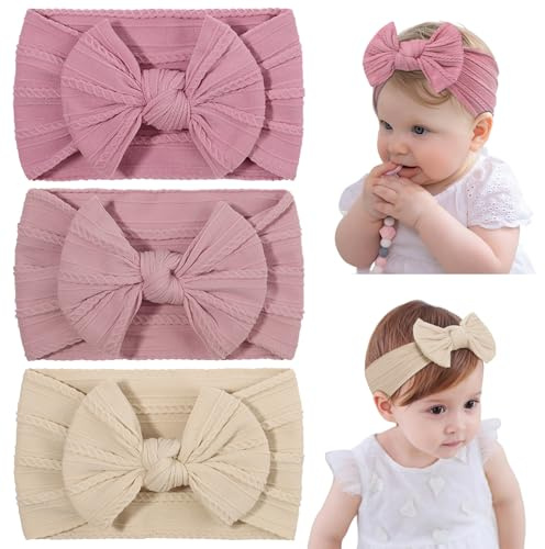 DiULi Baby Stirnbänder, 3 Stück Baby Turban Stirnband mit Bögen, Elastische Haarbänder für Neugeborene, Kleinkinder, Super Weiche(Set A)