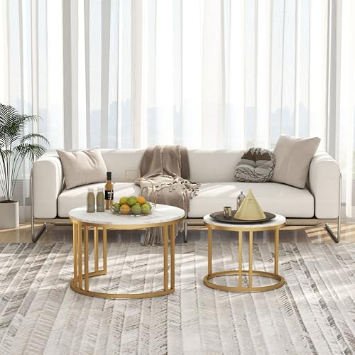 Soayone Moderne Wohnzimmertisch, Couchtisch Rund, Coffee Table mit Einem Goldenen Metallrahmen, Sofatisch Marmor Optik, Couchtisch 2er Set