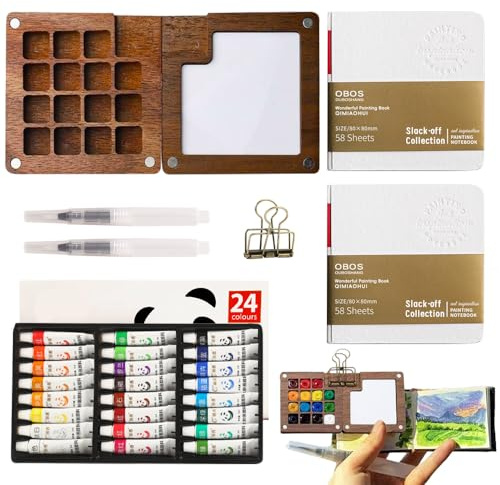 DAJASD Mini Aquarell Set, 24 Farben Portable Watercolor Palette Set, Tragbare Aquarell Palette, 15 Gitter Skizzenbuch Palette aus Holz, mit 2 Aquarellpapier, 2 Aquarellpinsel, Clips