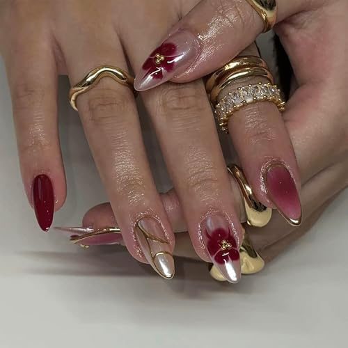 Cosmeria 24 piezas de uñas postizas con diseño de flores rojas, uñas acrílicas de longitud media para mujeres, kit de manicura DIY