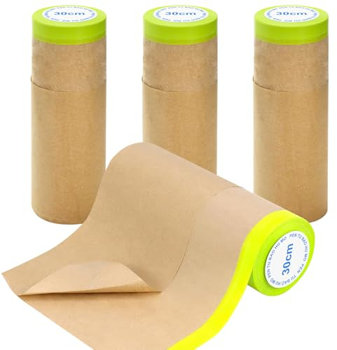 KOVSGQ Omslagspapper, målare, täckpapper, kraftpapper, förlimmad täckfolie med självhäftande remsor, självhäftande täckband för målning, renoveringar, billack (30 cm x 15 m x 4 rullar)