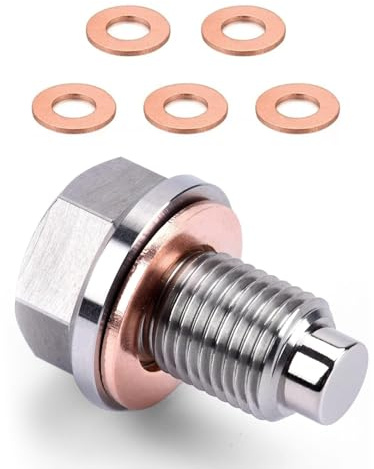 M12x1.75 Magnetic Oil Drain Plug, Stainless Steel Sump Drain Nut Bolt with 5 PCS Oil Drain Plug Washer, Oil Plug Replacement Universal for Most Cars Motorcycles Vehicles